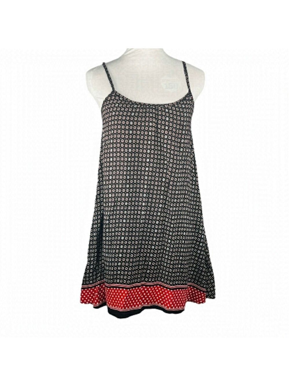 BOHO style tank top a-line lightweight tunic 1 size black with red white floral